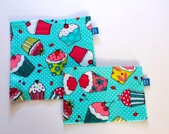 Reuseable Eco-Friendly Set of Snack and Sandwich Bags in Cupcakes Fabric