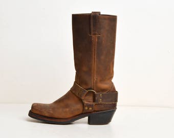 Vintage 90s FRYE Harness BOOTS / Tall Oiled Brown Leather Buckle Biker Boots, 7