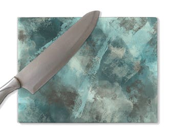 Glass cutting board, teal and gray