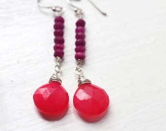 Bright Ruby Red Chalcedony Gemstone Earrings - Raspberries