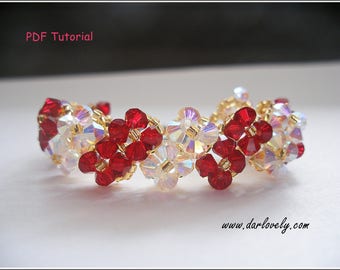 Beaded Bracelet PDF Pattern - Red Crystal Flower Bracelet (BB097) - Beading Jewelry PDF Tutorial (Digital Download)