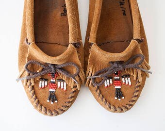 Vintage Minnetonka Moccasins Beaded Brown Suede Booties