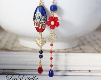 Red Asymmetrical earrings Red Floral earrings Garden Earrings Red Mismatched earrings Red and blue earrings Woodland earrings - Summer Heat