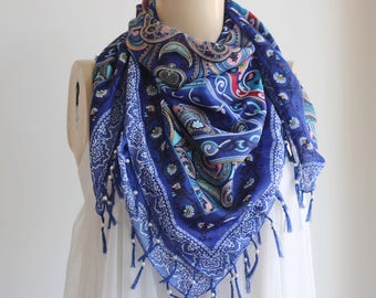 Royal Blue Scarf / Square Scarf with Tassels and Pearls- Tile Pattern Scarf-Ottoman Print Scarf-Turkish Anatolian Scarf