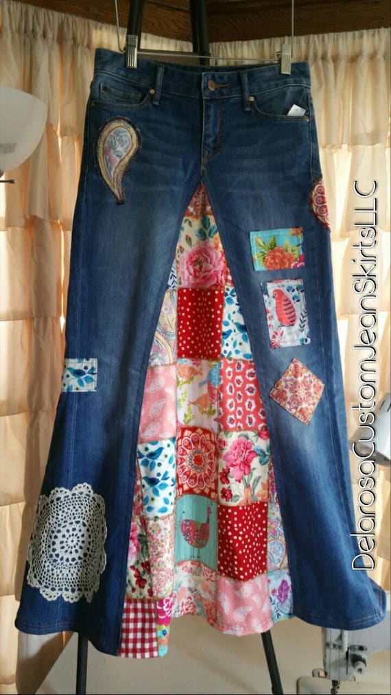 DELAROSA Classic Hippie patchwork Long Jean Skirt made to your