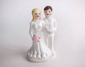 Vintage Wedding Cake Topper 1970s Porcelain Bride and Groom, Blonde Bride with Pink Roses