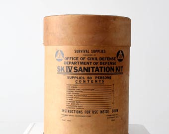 SK IV Sanitation kit box, Cold War survival kit barrel, 60s fallout shelter bin