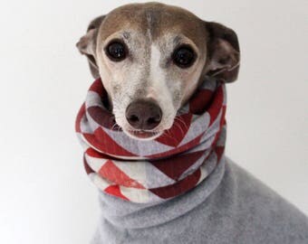 Italian Greyhound Clothing Pale Grey and Dark Red Jammies with Geo Triangle Print jersey lined Snood / Neck Warmer, geometric, dog clothes