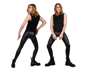 Men's Matte Black Leather-Look Leggings, Meggings, Glam Rock, Stage Wear, Spandex Pants, Dance Costume, Menswear, Burning Man, by LENA QUIST