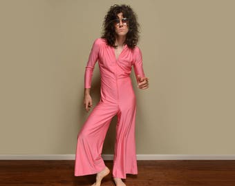 vintage jumpsuit 1970 70s vintage jumper shiny pink wide leg bellbottom flare M/L 70s disco Studio 54 glam rock 100% nylon