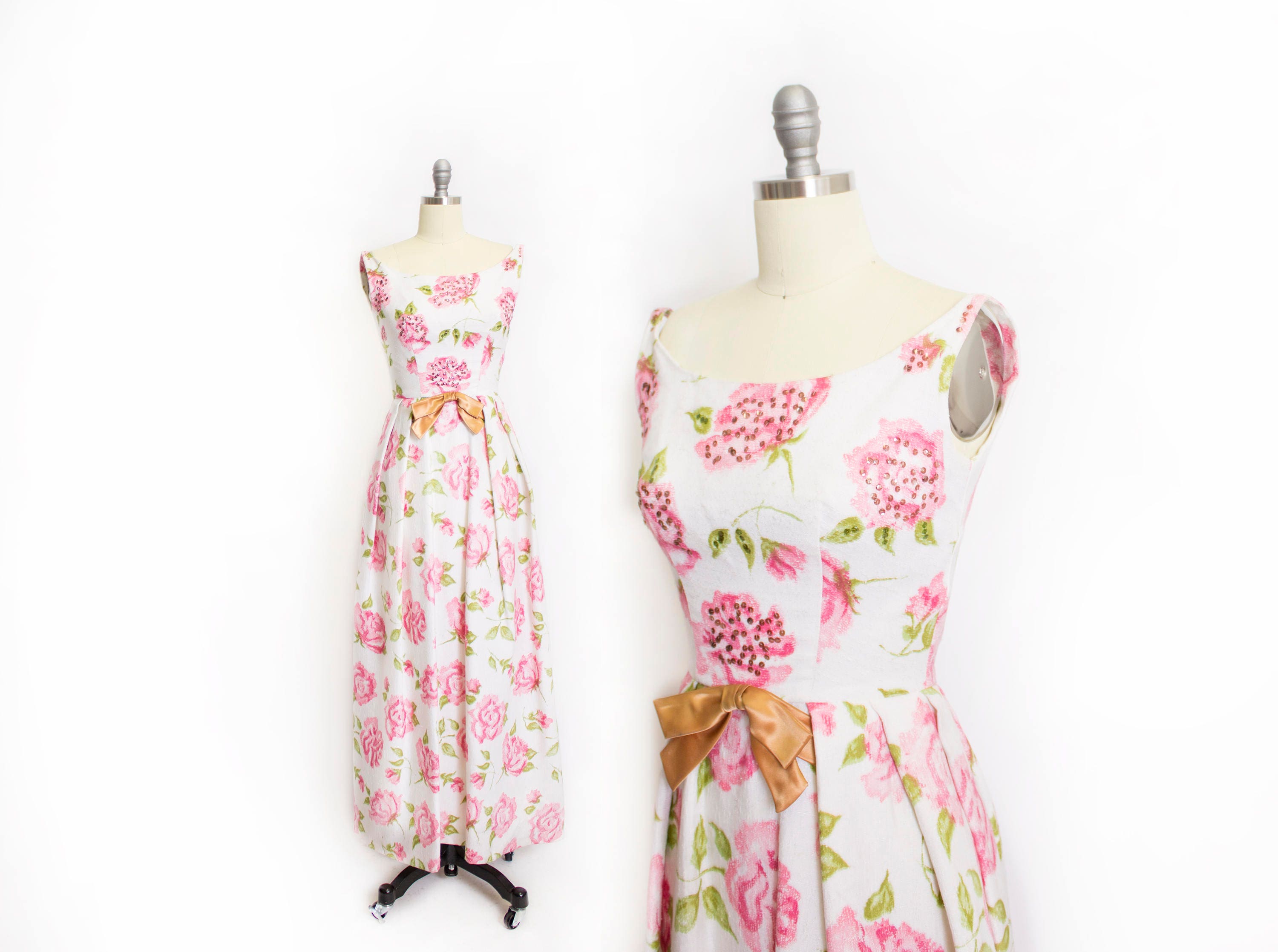 Vintage EMMA DOMB Dress 1960s Floral Pink Sequin Gown Party