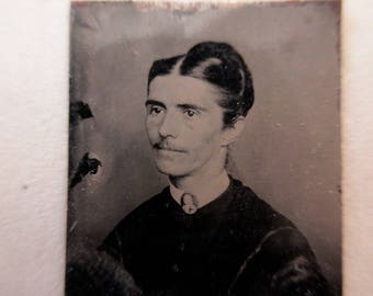 RARE antique miniature gem tintype photo - 1800s, man in drag? woman with mustache