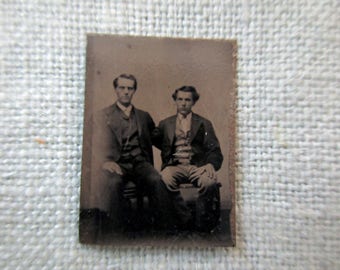 antique miniature gem tintype photo - 1800s, affectionate men