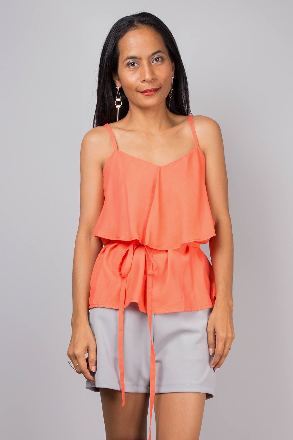 Orange top summer top spaghetti halter top sleeveless top