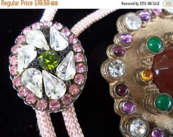 Now On Sale Vintage Pink White Ice & Green Rhinestone Pendant Pink Bolo Tie Necklace Rockabilly Mod 1950's Jewelry Retro Old Hollywood Glam