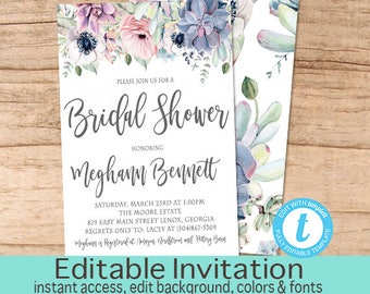 Watercolor Boho Succulent Bridal Shower Invitation, Editable Boho Chic Shower Invite, Floral Succulent Bridal Shower Invite,Instant Download