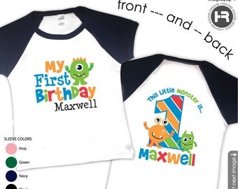 Monster Birthday Shirt or Bodysuit Raglan Style - Boys Personalized Monster First Birthday Shirt - Monster 1st Birthday Outfit