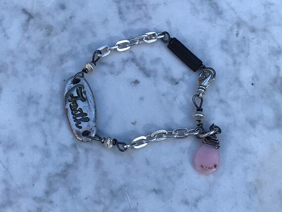 Black Tourmaline and Pink Opal Bracelet - Oxidized - Sterling Silver - Fine Silver "faith" - Urban Decay Jewelry