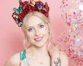 Floral Crown with Red Roses and Rainbow Butterflies