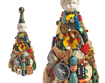 vintage toy tree, mixed media sculpture, original assemblage art, primitive art, folk art Christmas tree by Elizabeth Rosen