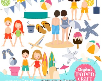 Seaside Clipart, Children Clipart, Kids Clipart, Summer clipart, Beach clipart, Clipart, Handrawn Clipart, Pool Party clipart,