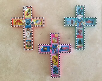 Funky Cross Handmade with Mexican Loteria Cards, Worry Dolls and Other Fun Things