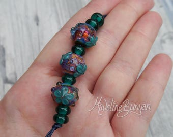 Mini Flower Garden, teal rounds Lampwork bead set (3 plus 6 spacers) SRA
