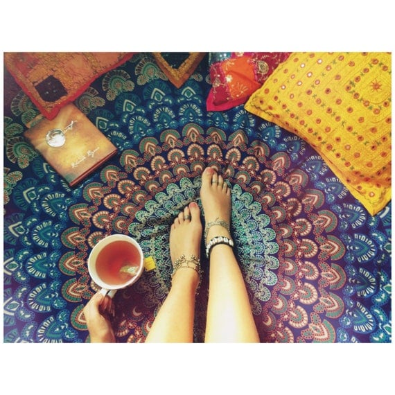 ORANGE & BLUE THROW - Mandala Wall Hanging - Bohemian Throw - Bed Sheet - Hippie Blanket - Beach Towel - Shabby Chic - Mandala - Homeware