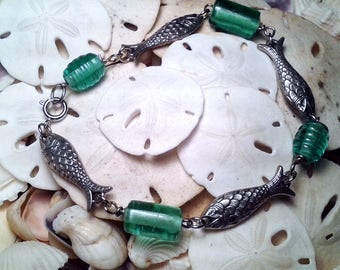 Fish and Bead Bracelet : Antiqued Silver Finish,Aqua Glass Beads