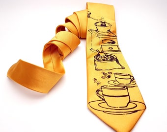 Coffee Tie Screen Printed Necktie Grains Grinder  Grinding Cup Mug Coffee Shop Warm Hot Beverage Morning Coffeehouse Cafe Employee Owner