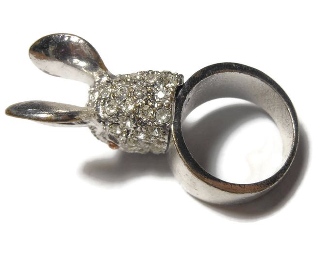 FREE SHIPPING Playboy bunny ring, pave rhinestone rabbit head, large shank. clear pave amber eyes, silver tone, size 7 1/2