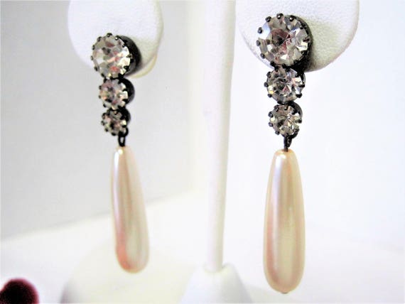 Faux Pearl Earrings - 3 Rhinestones - Lobe Dangles - Wedding Drop Pierced Earrings