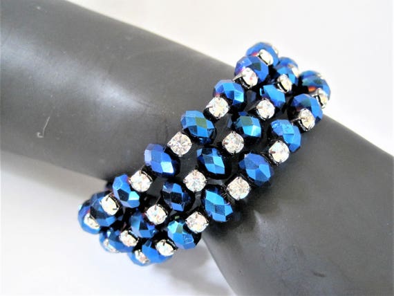 Blue Rhinestone Bracelet - Bead Memory Wire - Vintage Wrap Bracelet