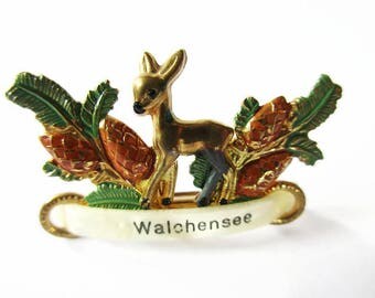 German Vintage Bavarian Metal Brooch Jewelry, Hat pin Souvenir Pin from the Walchensee/Kochel Bavaria with little Fawn