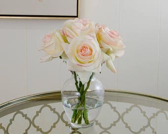 Real Touch Ivory Roses Pink Tipped Arrangement using Artificial Faux Silk Flowers Round Glass Vase for Home Decor