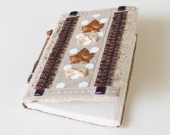 Carnet de Note Nature - Bloc-note - Papier Pur Chiffon - Tissu Lin, Organza, Métal Cuivre, Strass, Bois - Création d'artiste en pièce unique