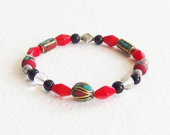 Bracelet Ethnique Yoga Zen - Esprit Tibet - Perles Os de Yak, Cristal de Roche du Népal, Perles cloisonnées - Bijou créateur, pièce unique