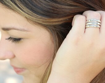 Stacking Name Ring, Sterling Silver Name Rings, Mother's Jewelry, Sterling Silver Name Band, Date Ring, Organic Ring, Stacking Rings for Mom