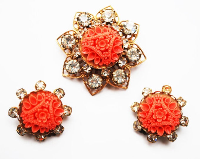 Celluloid Flower brooch and matching earrings set - Coral molded Celluloid Plastic - Rhinestone - Gold Filigree -