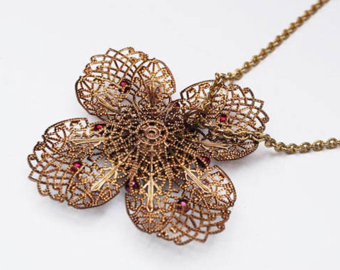 Large flower Pendant Necklace - Gold Filigree - Maroon rhinestone - Purple pearl bead - Floral Statement Necklace