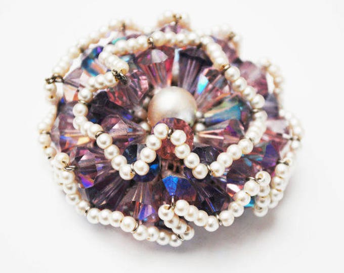 Vendome Brooch - Purple Crystal Rhinestone - faux pearl seed Bead - signed - Floral Atomic - Aurora borealis - Cluster bead pin