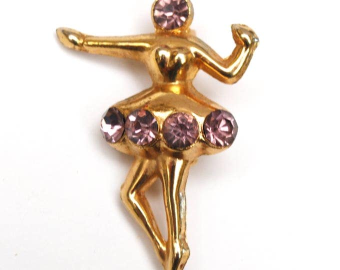 Ballerina Brooch Pink rhinestone - gold figurine Dancer pin