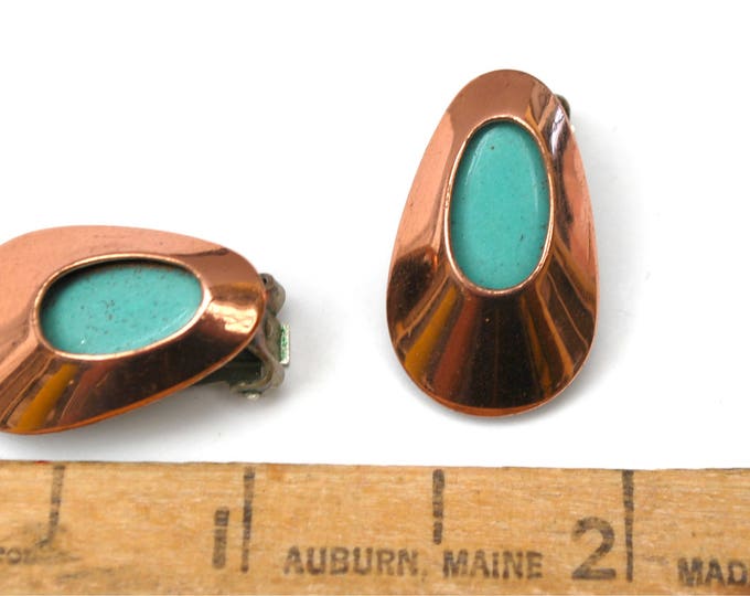 Copper Leaf Earrings - Blue Enamel and Copper Leaf - Signed Matisse -Mid Century - modern coned