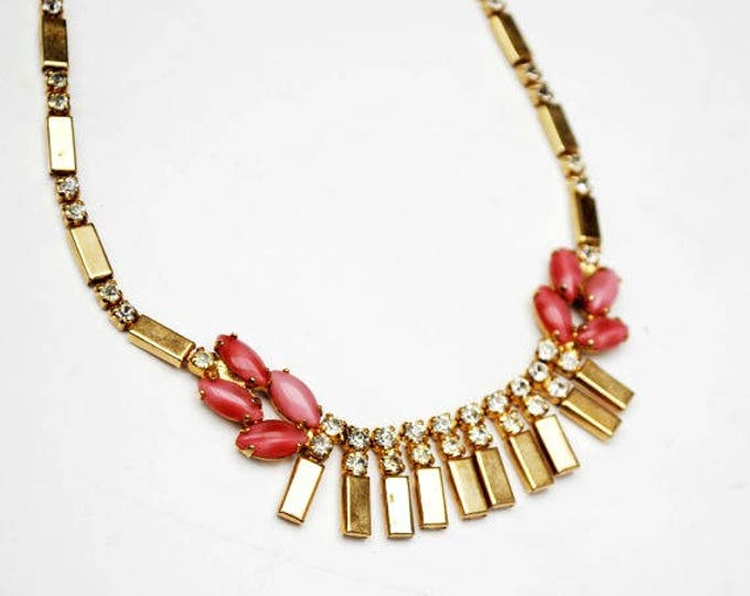 Rhinestone gold necklace - mid century - collar choker Bib - Pink glass moonstone