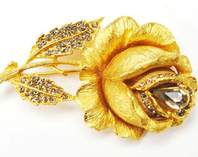 Rose Flower Brooch - Signed Benedikt NY- Gold Metal - Topaz Rhinestone - floral Rose Pin