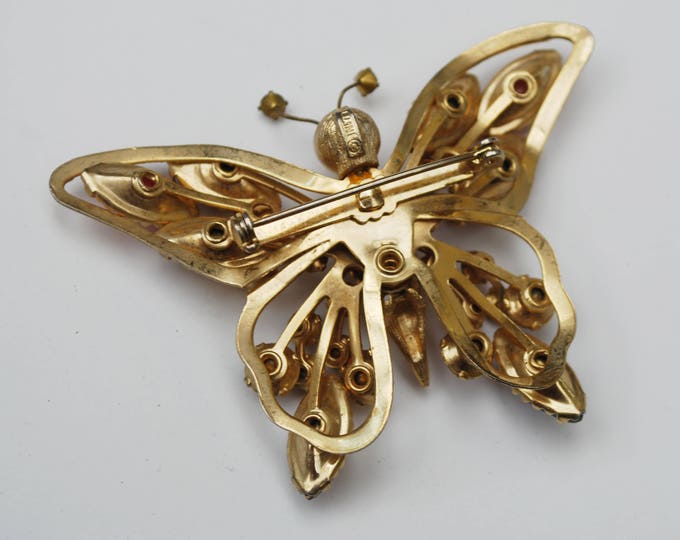 Selini Butterfly Brooch - Amber Pink Rhinestone - Watermelon Color Givre Crystal - Gold metal - Insect pin