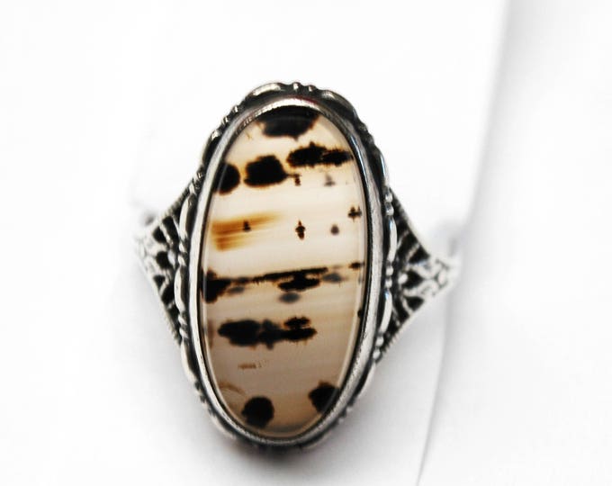 Sterling Banded Moss agate Ring - silver Filigree - size 6 1/2