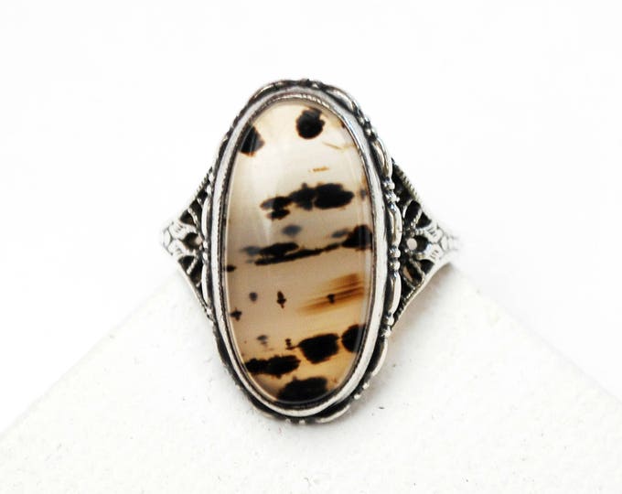 Sterling Banded Moss agate Ring - silver Filigree - size 6 1/2