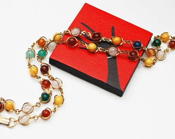 Gemstone Bead Necklace - Caged gold tone metal - polished quartz jasper carnelian and Agate beads