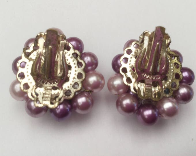 Purple cluster Bead earring - Signed Japan - Givre cabochon - metalic pearls - Clip on earrings